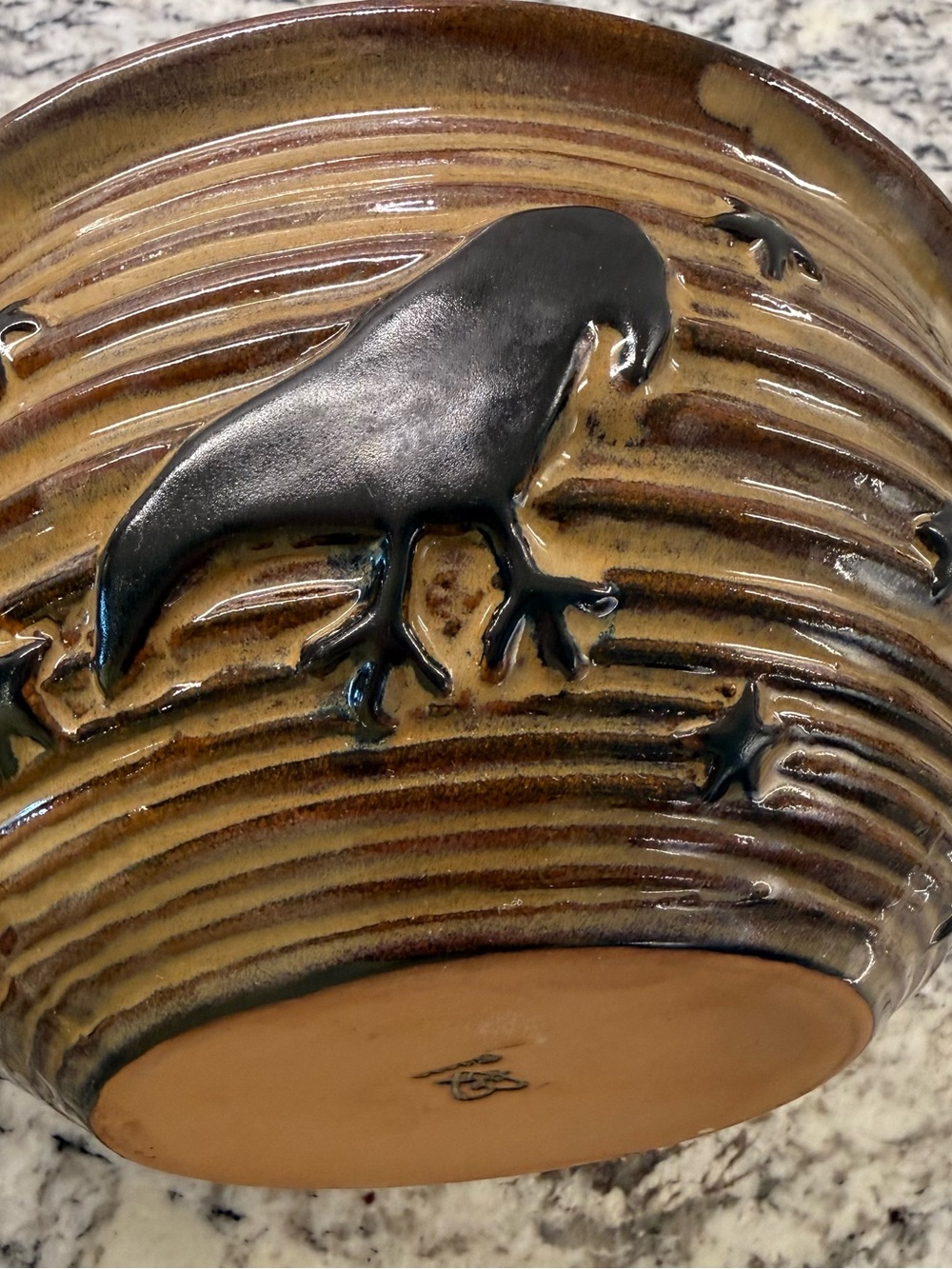 Vintage Honey & Me “Beehive” Crow & Stars Pottery Bowl - Rustic Brown Glaze